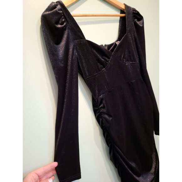 Black Stretch Velvet Long Sleeve Babydoll Ruched Bodycon Dress Witchy Vamp Sz S - Picture 3 of 7